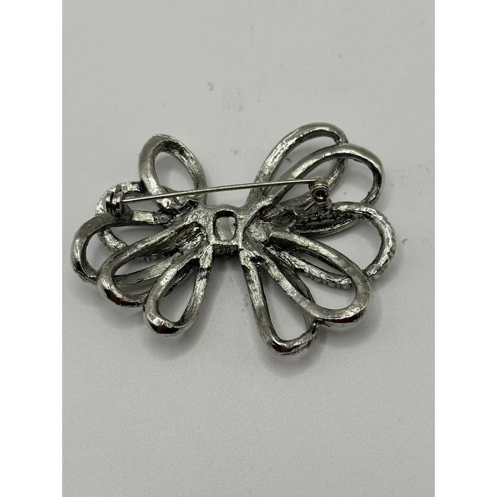 Sonoma Life Style Silver Tone Rhinestone Bow‎ Brooch Pin Aurora Borealis Vintage